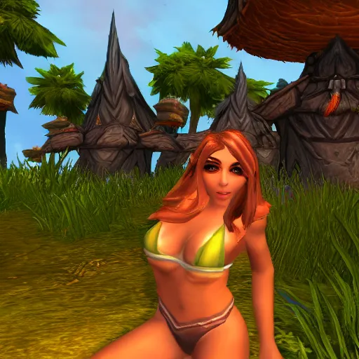 Image similar to pretty girl in a bikini inside of the world of warcraft