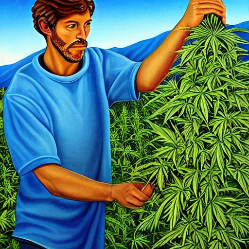 Image similar to alex gray painting of a man harvesting a cannabis plant