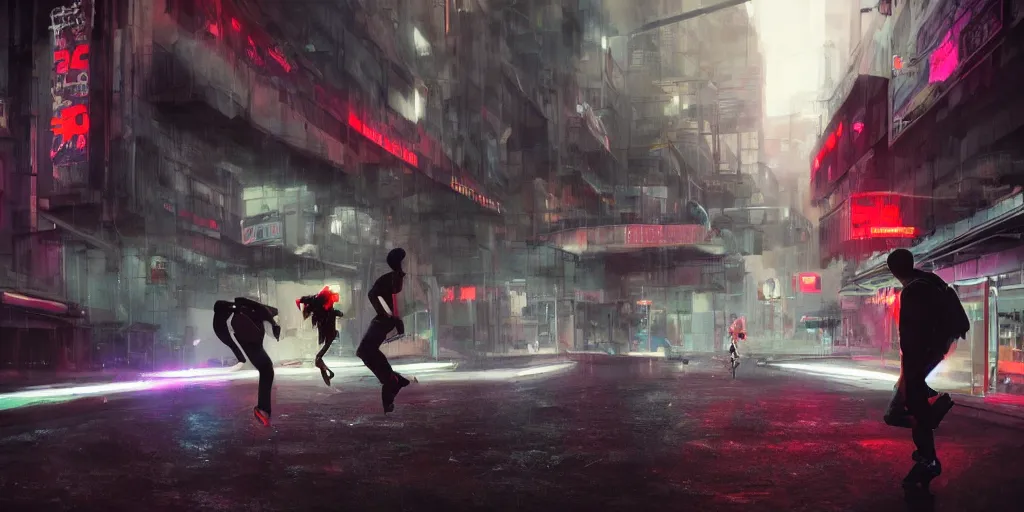 Image similar to cinematic shots of teenagers with tech clothing and hoods and futuristic gas masks making parkour on a dystopian city, neon lights, sci - fi, night lights, rain and haze, concept art, intricate, in the style of katsuhiro otomo, akira, unreal engine