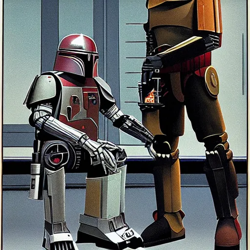 Image similar to ig-88 talking to boba fett in the cantina, artwork by ralph mcquarrie