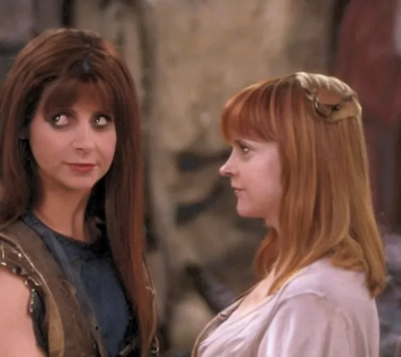 Image similar to a movie still of sarah gellar as xena speaking to ron weasley in the movie harry potter