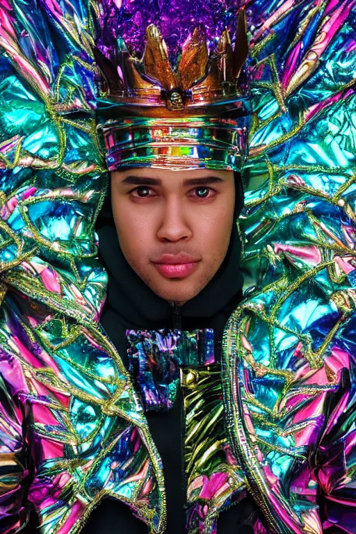 Prompt: hyper detailed ultra sharp portrait of baroque and bladerunner delicate neon sapphire sculpture of seductive onyx prince royce tigers iridescent humanoid deity wearing metallic hoody made out of banana leaves holding the sun prismatic dungeon, glowing rainbow face, crown of white diamonds, cinematic lighting, photorealistic, octane render 8 k depth of field 3 d