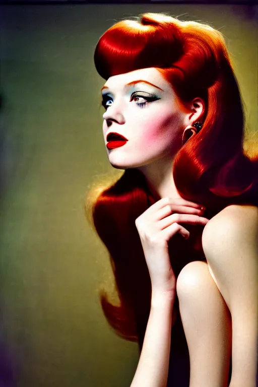 Prompt: stunning award - winning color portrait by peter lindbergh of a beautiful young redheaded woman. vintage 1 9 6 0 s hollywood glamour. glossy shiny hair. high fashion makeup. canon 5 0 mm.