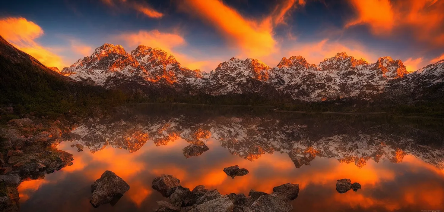 Image similar to amazing landscape photo of mountains with lake in sunset by marc adamus, beautiful dramatic lighting