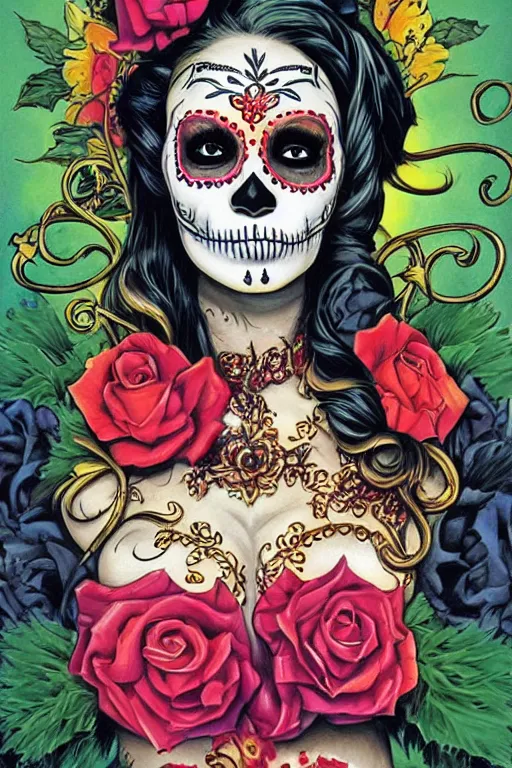 Prompt: Illustration of a sugar skull day of the dead girl, art by joe jusko