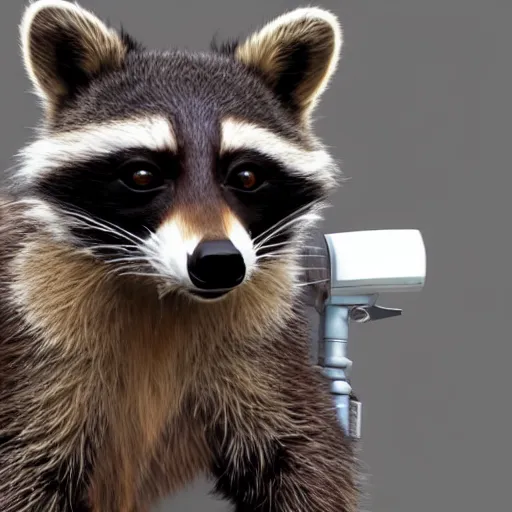 Image similar to a hyperrealistic octane render of a raccoon holding a dslr camera taking a photograph, photorealism, unreal engine, dramatic lighting, volumetric lighting, uplighting