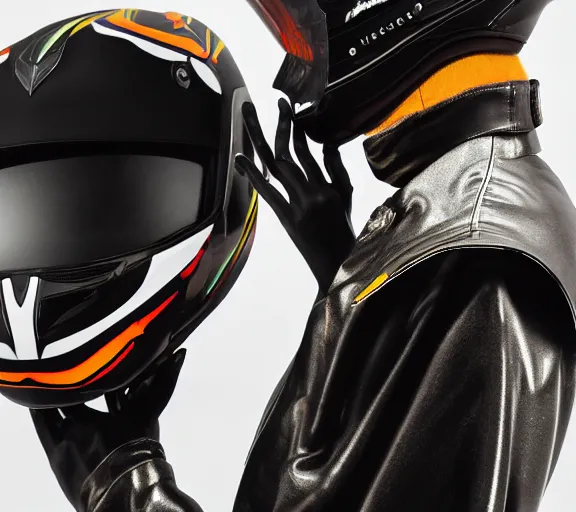 Prompt: beautifully lit photo of a black marble statue of a woman with colorful motocross branding and a black motorcycle helmet with closed visor, carved marble statue, symmetrical, fine art, michaelangelo, in the style of virgil abloh, offwhite, heron preston, denoise, ue 5, arnold, maya