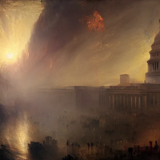 Prompt: highly detailed painting of alien androids attacking washington dc, by william turner, by greg rutkowski, by william constable, thick brush strokes and visible paint layers, 4 k resolution