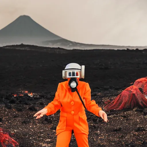 Prompt: white woman suit with a one red light eye gasmask standing close to volcano, fire raining, professional photography, black and white, cinematic, eerie