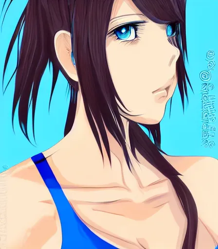 Prompt: Anime art style beautiful brunette female boxer in the style of stanley artgerm wearing blue sports bra and blue shorts