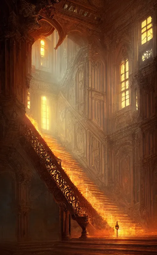 Prompt: stairs from hell to heaven, flames, heavens, paradise, fantasy, hell, beautiful, intricate detail, intricate, epic, vast, digital painting by greg rutkowski, artstation, very detailed, cinematic lighting, concept art