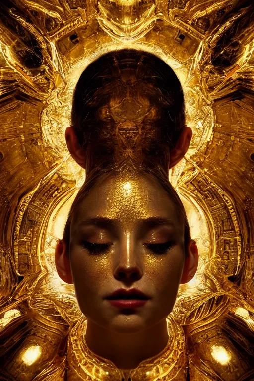 Prompt: Hyper realistic portrait of a goddess floating in the middle of ancient sky, gold fluid simulation, Cinematic lighting, ultra super good realistic photography by Emil Melmoth, symmetry, insanely detailed, trending on artstation, 8k