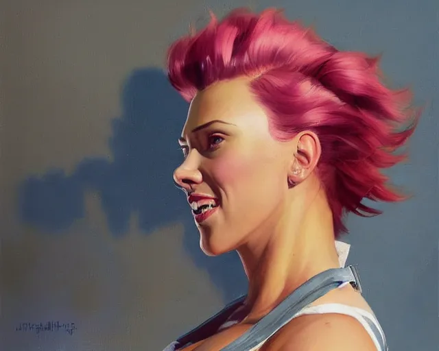 Image similar to greg manchess portrait painting of smiling scarlett johansson as beautiful thick female bodybuilder zarya from overwatch, medium shot, asymmetrical, profile picture, organic painting, sunny day, matte painting, bold shapes, hard edges, street art, trending on artstation, by huang guangjian and gil elvgren and sachin teng