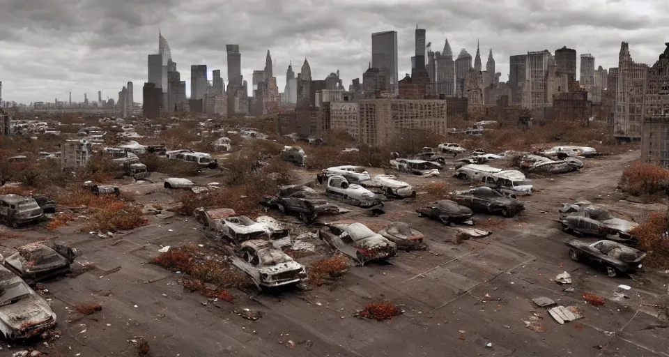 Image similar to wide angle shot of dilapidated zombie - apocalypse new york city in real life, desolate with zombies, dilapidated, zombies on the streets, nightmarish, some rusted style parked vehicles, sunny weather, few clouds, volumetric lighting, photorealistic, daytime, autumn, sharp focus, ultra detailed, cgsociety