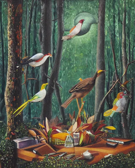 Image similar to a detailed relistic painting of a bird conference in the middle of a forest, an oil painting by benito quinquela martin, behance contest winner, american scene painting, sharp detail, behance contest winner, metaphysical painting, concert poster, poster art