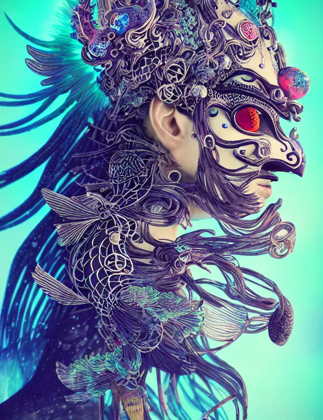 Prompt: 3 d shaman goddess close - up profile portrait. beautiful intricately detailed japanese crow kitsune mask and clasical japanese kimono. betta fish, jellyfish phoenix, bio luminescent, plasma, ice, water, wind, creature, artwork by tooth wu and wlop and beeple and greg rutkowski