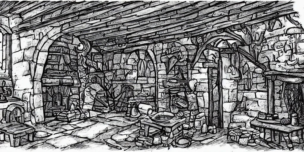 Prompt: medieval cottage interior, fantasy hand - drawn animation