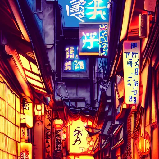 Image similar to japan narrow street with neon signs and a girl with umbrella wearing techwear, digital art, sharp focus, wlop, artgerm, beautiful, award winning, cyberpunk color style