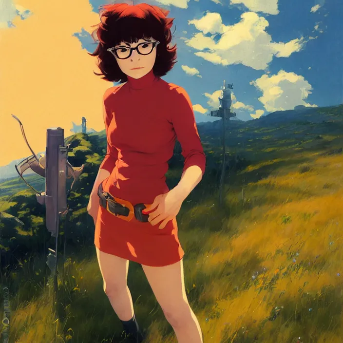Image similar to Painting of Velma Dinkley in the style of Cowboy Bebop, countryside, calm, fantasy character portrait, dynamic pose, above view, sunny day, thunder clouds in the sky, artwork by Jeremy Lipkin and Giuseppe Dangelico Pino and Michael Garmash and Rob Rey and Greg Manchess and Huang Guangjian and Makoto Shinkai, very coherent asymmetrical artwork, sharp edges, perfect face, simple form, 100mm