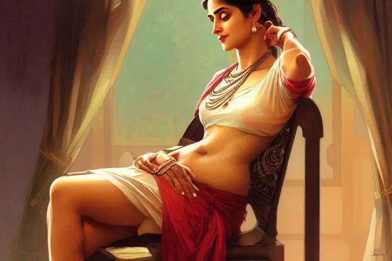 Image similar to sensual pale beautiful indian doctor in jeans, art deco portrait, elegant, intricate, digital painting, artstation, concept art, smooth, sharp focus, illustration, art by artgerm and greg rutkowski and alphonse mucha