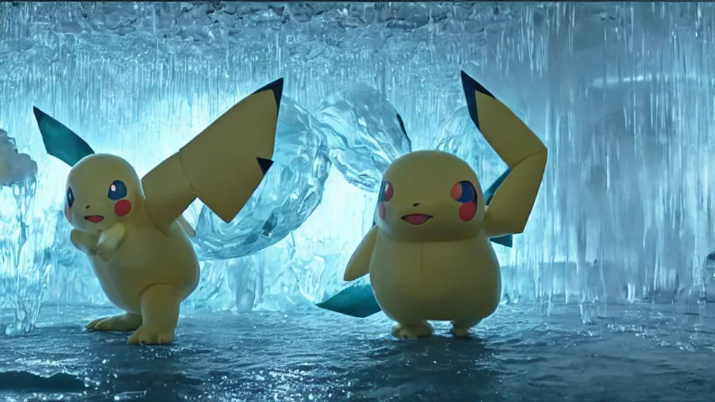 Image similar to a giant pokemon made of water and ice moves through the living room, film still from the movie directed by Denis Villeneuve with art direction by Salvador Dalí, wide lens