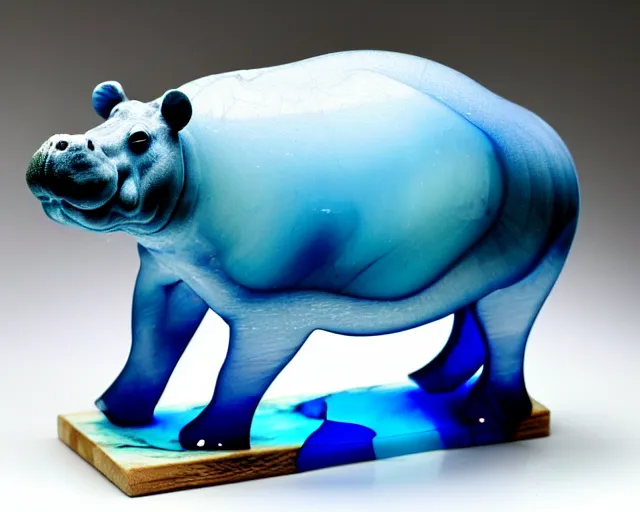 Prompt: a sculpture of hippo baby, bottom half wood!!!!! carved, top half blue translucid resin epoxy, cubic blocks, side view centered, mixmedia, transparent,