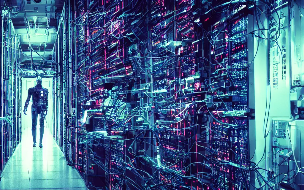 Prompt: cyborg in data center style cyberpunk retrowave william ford gibson high quality photoshot widescreen