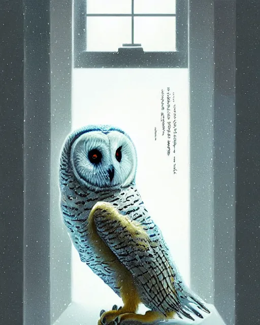 Image similar to polar owl delivers an envelope at the window - sill, by artgerm, victo ngai, ryohei hase, artstation, highly detailed digital painting, smooth, global illumination, art by john james audubon by greg rutkowsky, karl spitzweg, leyendecker