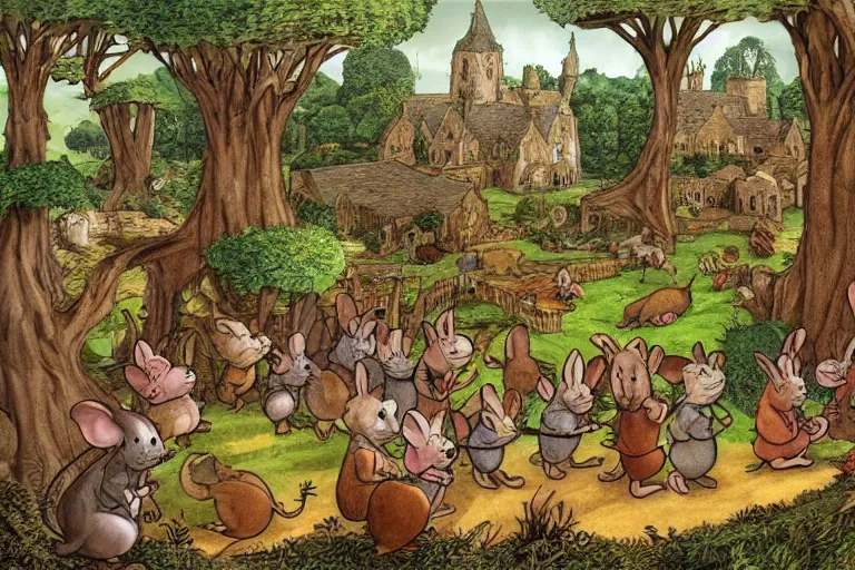 Image similar to an elaborate and dense scene from redwall abbey in mossflower wood with lots of medieval anthropomorphic mice and rabbits and otters, detailed by brian jacques and greg rutowski