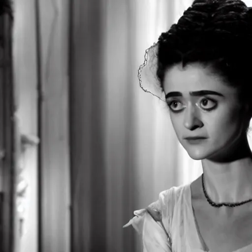 Prompt: natalia dyer as nancy wheeler in the bride of frankenstein, black and white