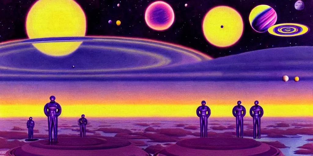 Image similar to surreal painting by chesley bonestell!!, twelve astronauts sitting by the river with a big holiday cake + psychedelic vegetation + purple, pink, blue + planets and stars + mystical fog, vintage sci - fi style of the 5 0 s, rule of the third!!!!, line graphics, 8 k, super detail, high quality