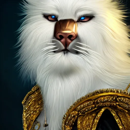 Prompt: portrait of a white human panter with a very long fur and gold jewelry, fantasy, trending on artstation, heroic pose, illustration, highly detailed, simple, 8k