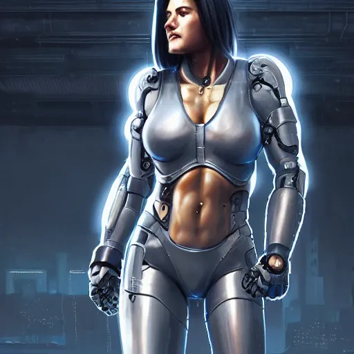 Image similar to gina carano with robotic cybernetic metallic grey left arm, casual pose, large portrait, cyberpunk, digital painting, artstation, concept art, smooth, 8 k frostbite 3 engine, ultra detailed, art by artgerm and greg rutkowski and magali villeneuve