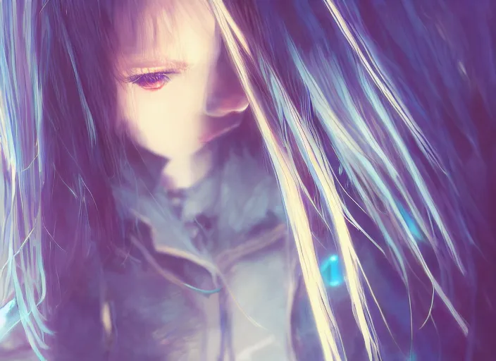 Prompt: teenage girl with sky blue straight hair, bangs, amber eyes, gold eyes, wearing a black jacket, high collar, ultra detailed, concept art, award winning photography, digital painting, cinematic, by wlop, anime key visual, closeup, pixiv, 8 k, yoshitaka amano, ilya kuvshinov,