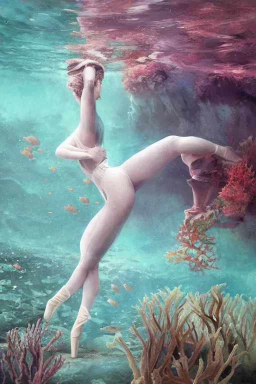 Prompt: ballerina alone at the bottom of the great barrier reef by jaques cousteau, perfect face, smooth, focus, highly detailed, hyper realistic, intricate, concept art, art by wlop