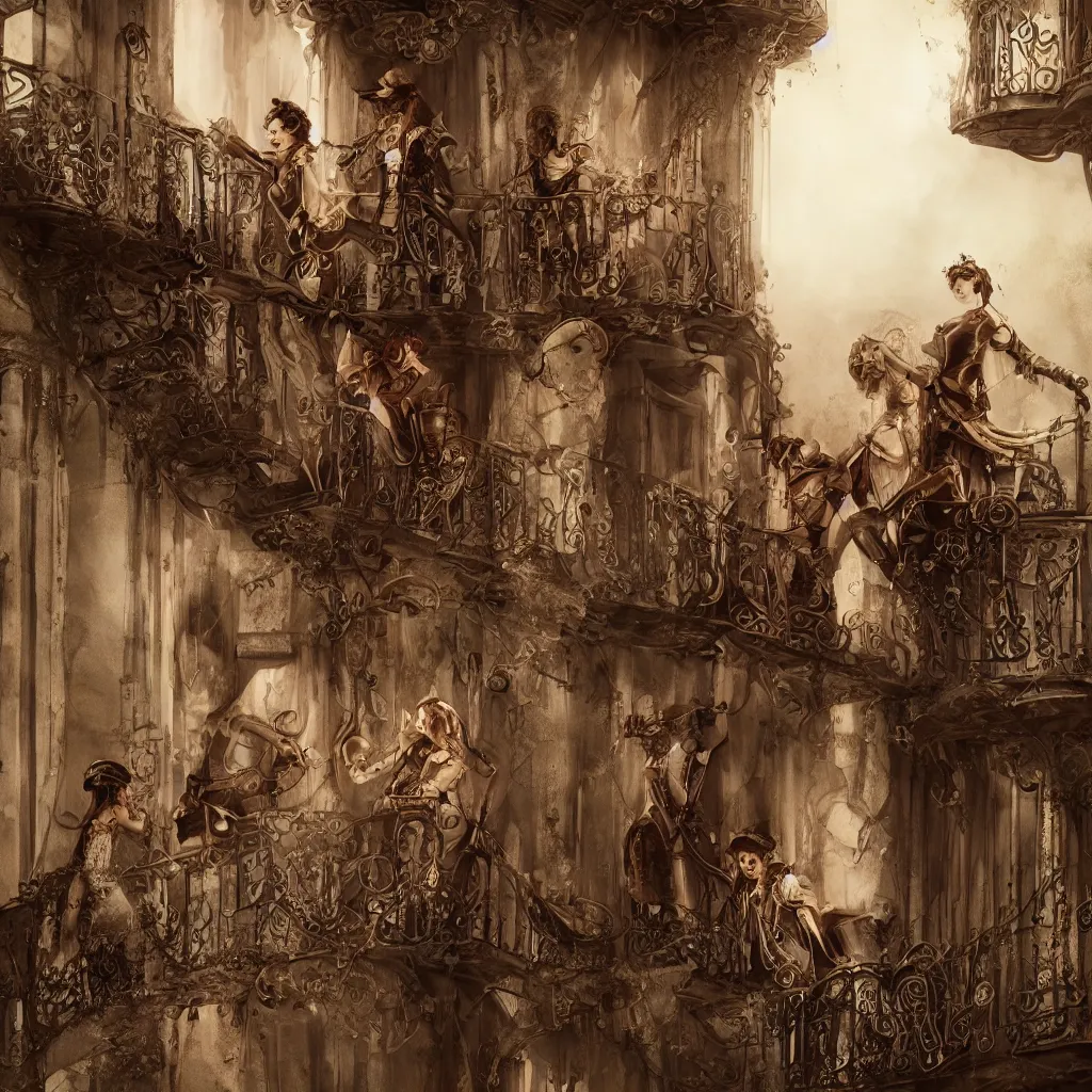 Prompt: A steampunk version of Romeo and Juliet, balcony scene, played by humanoide andorids, digital art, cinematic, 4k, highly detalied, dramatic