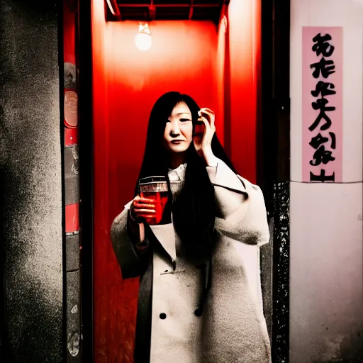 Prompt: portrait of a young japanese woman drinking a campari spritz in a tokyo alley at night, raining, photography