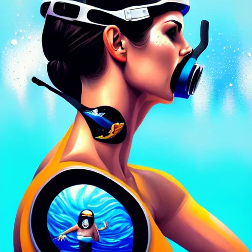 Image similar to a profile photo of a woman with diving helmet with tattoos on arm and neck, side profile in underwater, highly detailed, digital painting, artstation, sharp focus, illustration by Sandra Chevrier