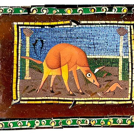 Prompt: A Mughal miniature style Mosaic made with Ochre on Ceramic of An aardvark arrogantly pinching A Camera in the style of Carle Van Loo