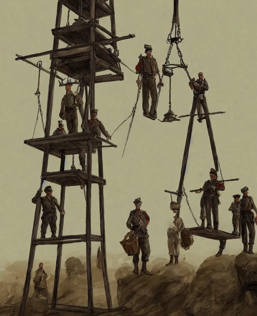 Prompt: 2 soldiers and executor and a convict standing next to a halifax gibbet on a raise platform, villagers looking on from below, concept art,