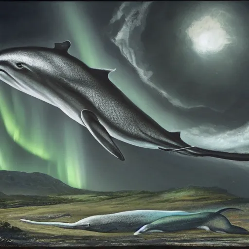 Prompt: horse grayhound dolphin, foreground, carnivorous, sleek ::0.1 blasted wasteland of brutalist ruins ::0.1 bleak spiral aurora overhead ::0.2 naturalist painting of the last of its kind, by Beszinski, Barlowe, Audobon, and Ansel Adams