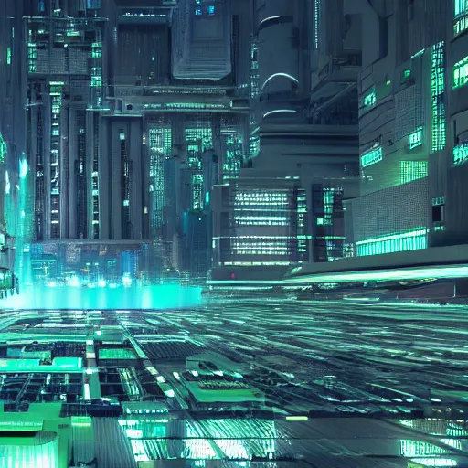 Prompt: photo of a futuristic city in a dystopian future made of electronic components and looks like a giant pcb board. Very detailed 8k. Unreal engine 5 render with nanite, global illumination and path tracing. Cinematic post processing. Emphasize on the colors green and blue.