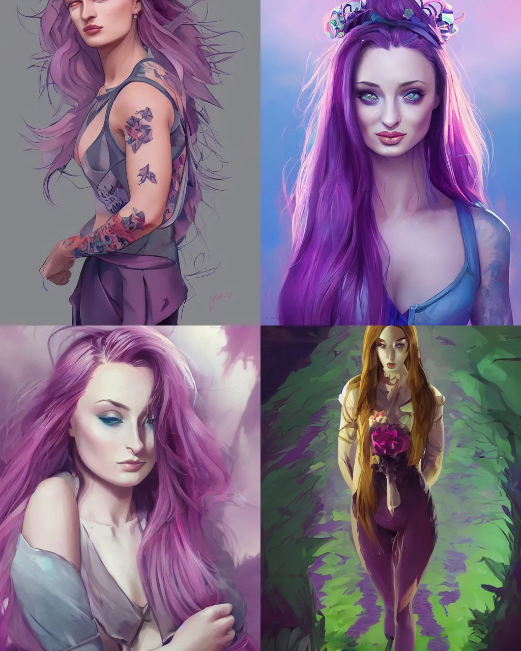 Prompt: beautiful (Sophie Turner) purple hair tattoos symmetrical face eyes full body fantasy art icon, 2d art, official fanart behance hd artstation by Jesper Ejsing, by RHADS, Makoto Shinkai and Lois van baarle, ilya kuvshinov, rossdraws