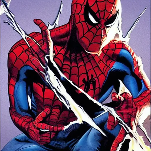 Image similar to spider - man is transforming into a werewolf, style of alex ross