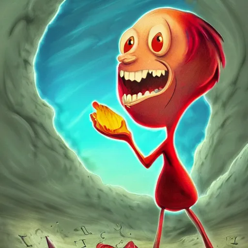 Prompt: courage the cowardly dog, cartoon, cute, scary, gross, beautiful digital painting, masterpiece, violence, intense themes, spectacular composition, hyper realism, intricate detail, brush strokes, lens flare