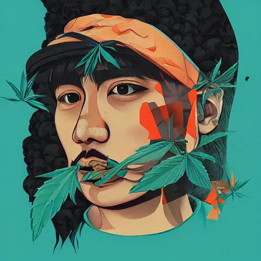 Prompt: profile picture of smoking marijuana by sachin teng, organic painting, marijuana, hiphop, hard edges, energetic, 3 d shapes, asymmetrical, smoke, warm, inviting, highly detailed masterpiece by sachin teng x supreme