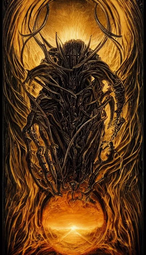 Prompt: Elden Ring, Lord of the Rings Sauron in black sharp edged exoskeleton armor saint icon portrait themed tarot card, the dark post-apocalyptic hellscape torment intricate golden artwork by Artgerm, Johnatan Wayshak, Zdizslaw Beksinski, Darius Zawadzki, H.R. Giger, Takato Yamamoto, masterpiece, very coherent artwork, cinematic, high detail, octane render, unreal engine, 8k, High contrast, golden ratio, trending on cgsociety, ultra high quality model, production quality cinema model in the style of Midjourney, highly detailed and intricate artwork, masterpiece, majestic, ephemeral, cinematic lighting, vivid and vibrant colors, iconic movie poster character production art concept, haunting, horror, gothic fog ambience, emerald fire palette, Artstation trending, unreal engine, octane render