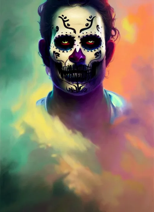 Image similar to portrait of dia de muertos as rick grimes, extremely detailed digital painting, in the style of fenghua zhong and ruan jia and jeremy lipking and peter mohrbacher, mystical colors, rim light, beautiful lighting, 8 k, stunning scene, raytracing, octane, trending on artstation