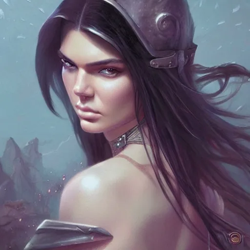 Image similar to kendall jenner, d & d, fantasy, portrait, highly detailed, digital painting, trending on artstation, concept art, sharp focus, illustration, art by artgerm and greg rutkowski and magali villeneuve