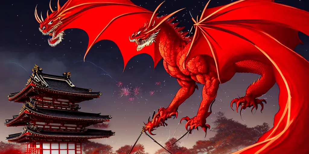 Prompt: Stunning Portrait of A Red dragon flying above a Feudal Japan temple during a fire works festival at night by Kim Jung Gi, Blizzard Concept Art Studio Ghibli. oil paint. 4k. by brom, Intense fireworks by Ross Tran, Greg Rutkowski, Mark Arian, soft render, octane, highly detailed painting, artstation